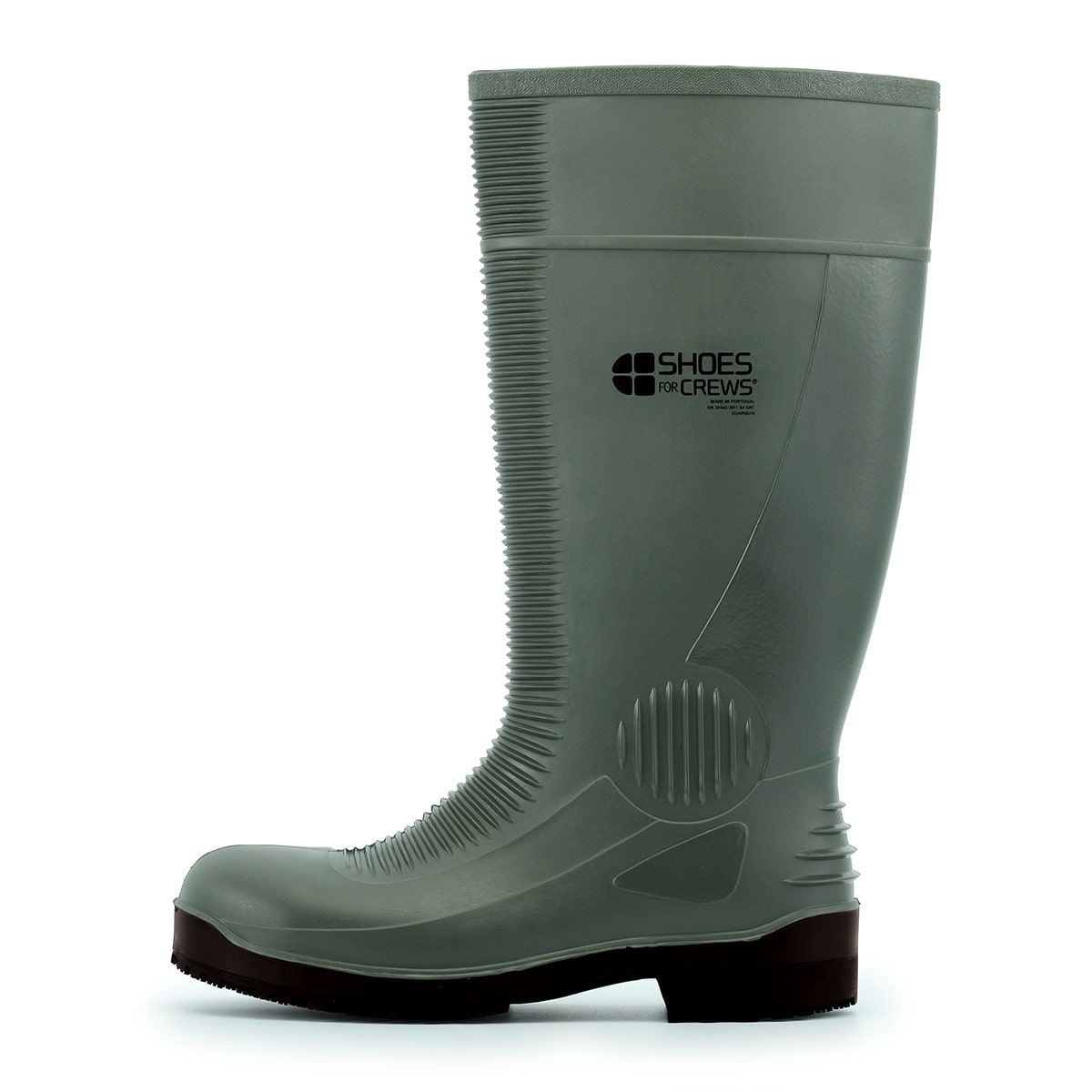 The Guardian Green from Shoes For Crews waterproof wellington boots offers superior slip resistance on a variety of flooring surfaces, seen from the left.