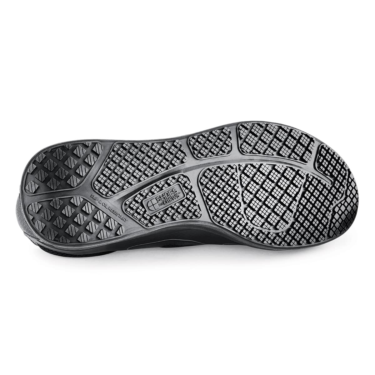 The Evolution II Black from Shoes For Crews are slip-resistant and water-resistant trainers, seen from below.