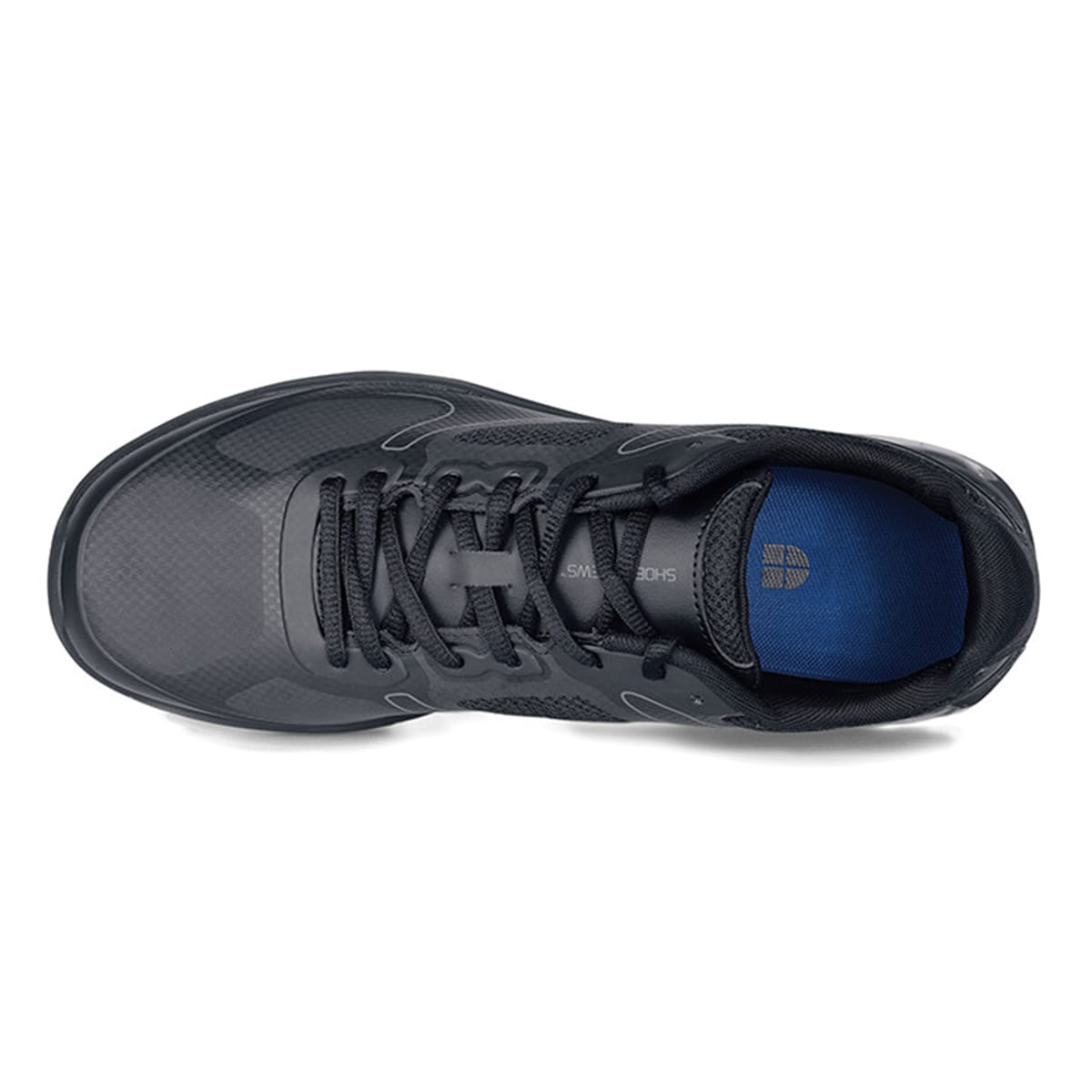 The Evolution II Black from Shoes For Crews are slip-resistant and water-resistant trainers, seen from above.