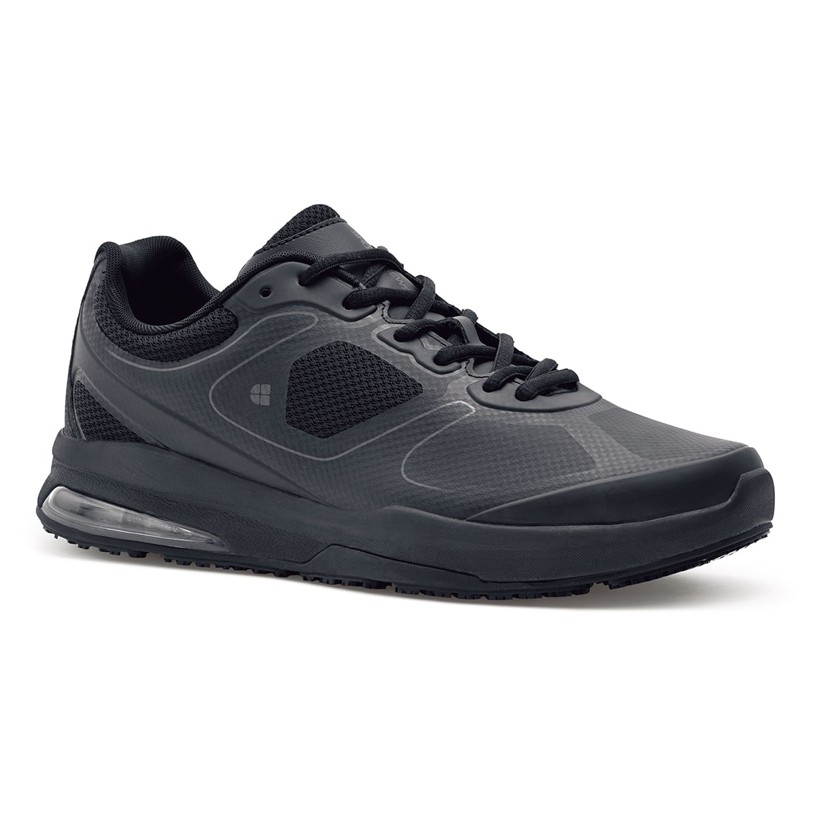 The Evolution II Black from Shoes For Crews are slip-resistant and water-resistant trainers, seen from the right profile.