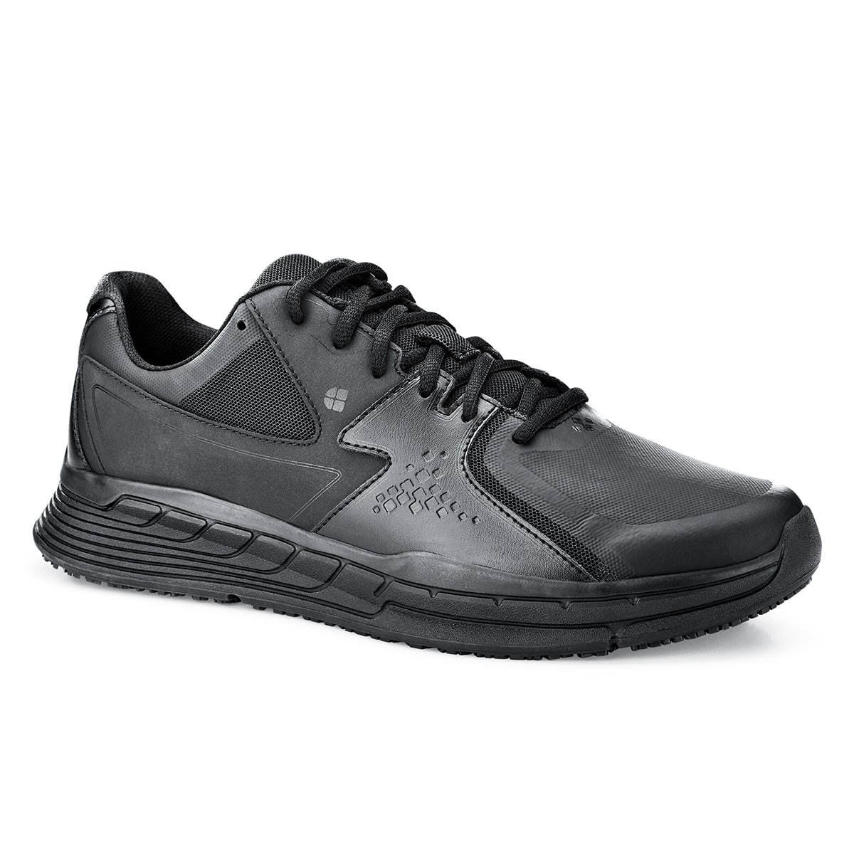 The Condor Men's Black from Shoes for Crews is a slip-resistant shoe with laces, with additional padding and a removable cushioned insole, seen from the right profile.