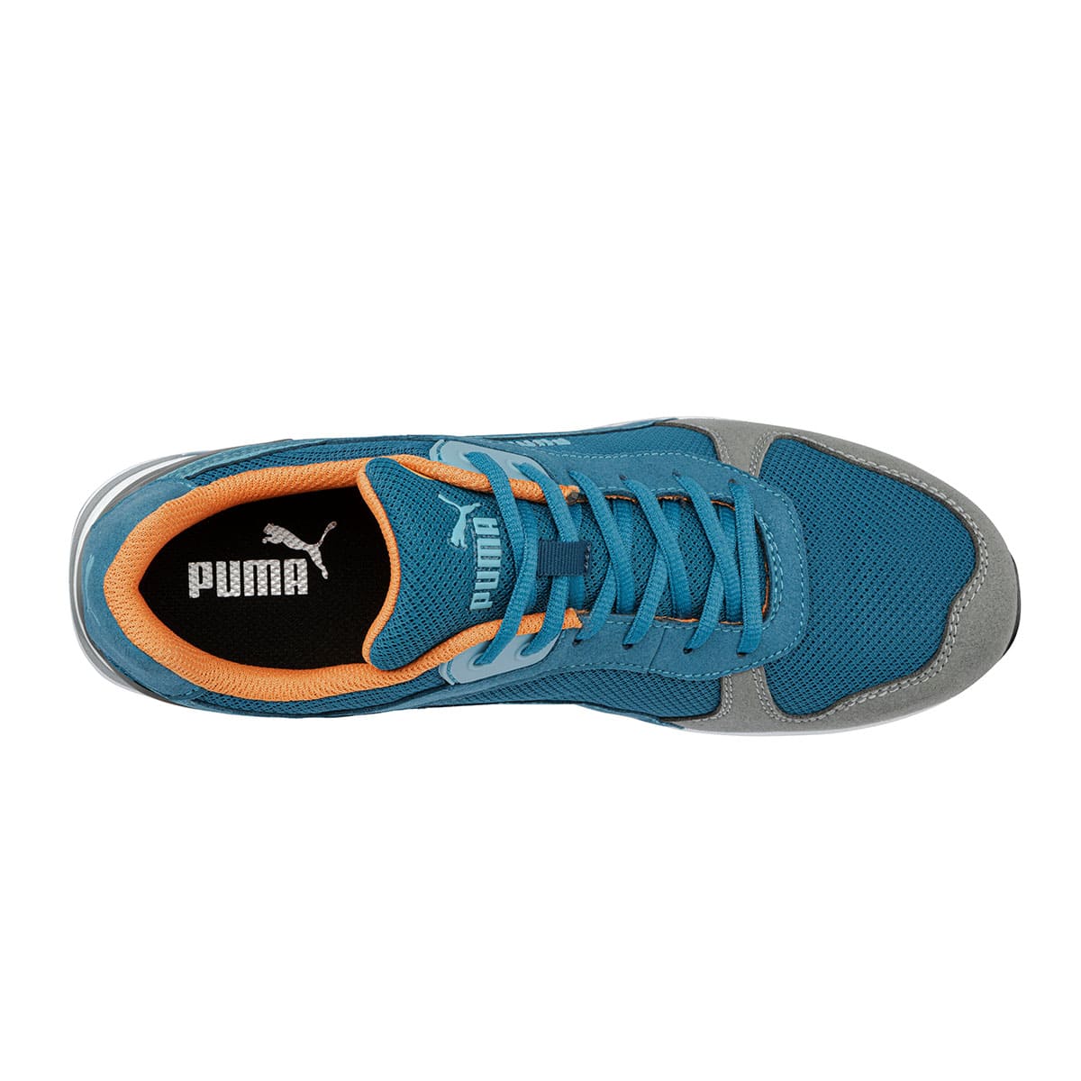 The Frontside Blue Low from Puma Safety X Shoes For Crews are slip-resistant safety shoes with a clog-resistant outsole and composite-fiberglass toe cap, seen from above.