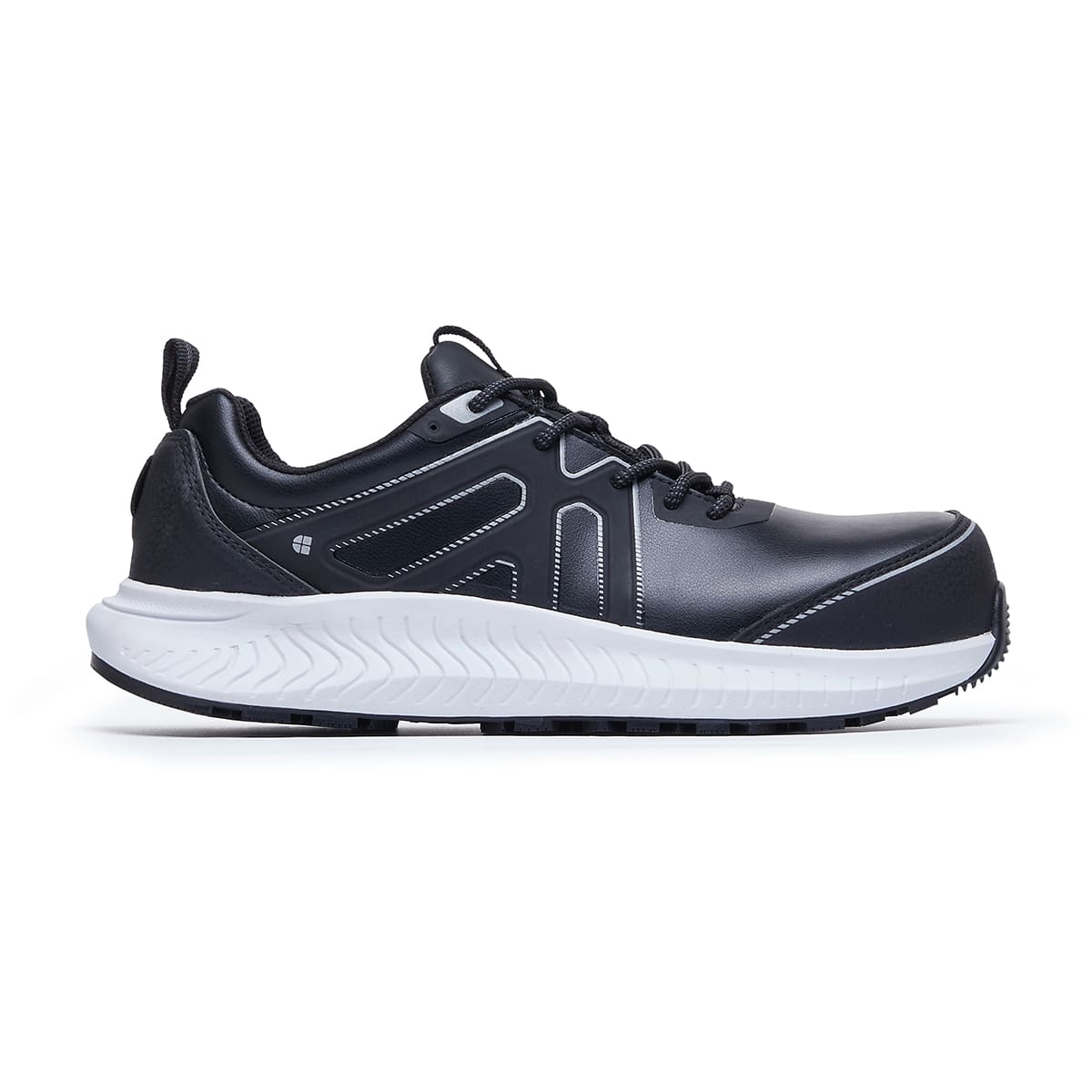 The Colly Black from Shoes For Crews has a slip-resistant, clog-resistant sole with TripGuard technology, a nanocomposite toecap (200 joules) and removable cushioned insoles, seen from the right.