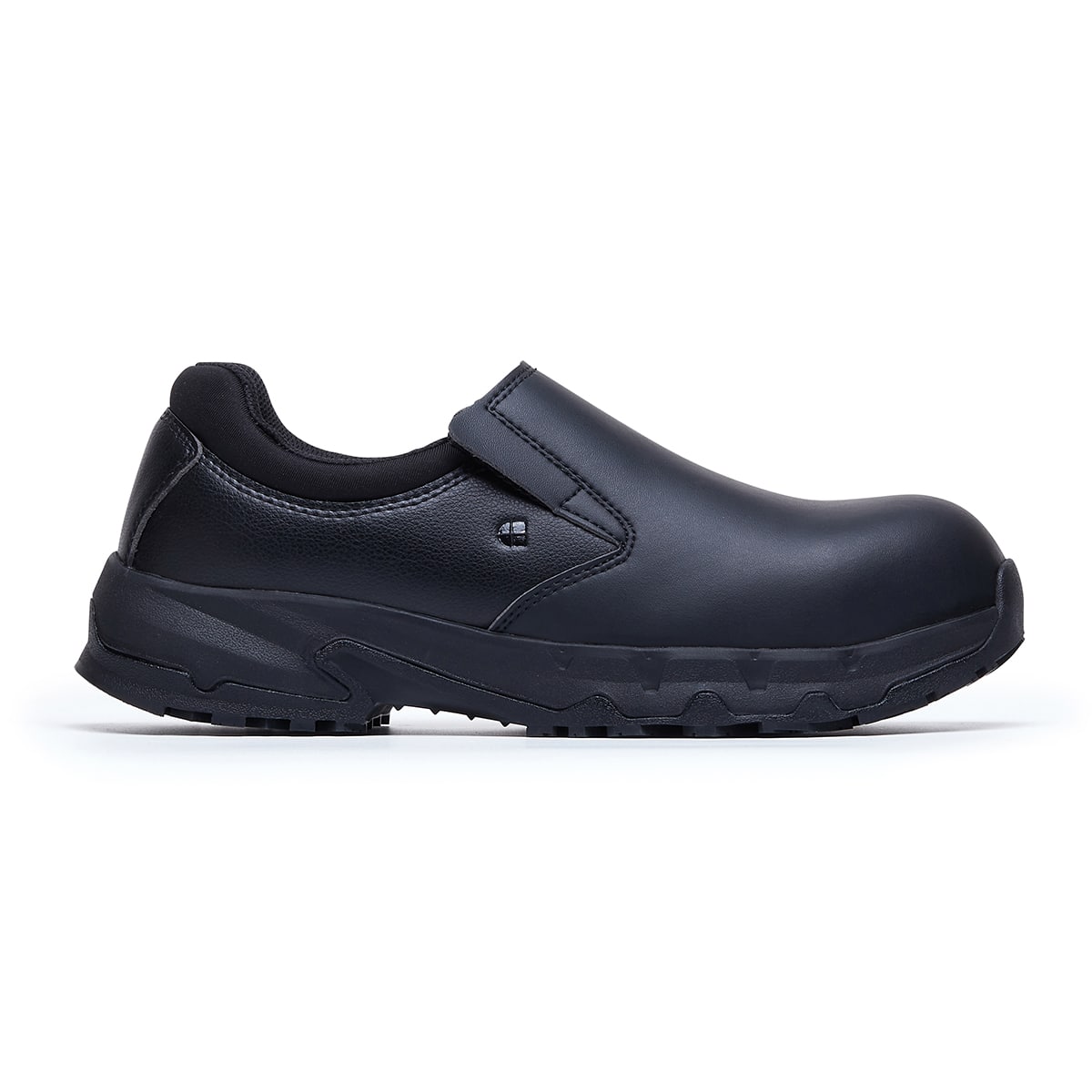 The Brandon Black slip-on shoe has a slip-resistant sole, a waterproof microfibre upper and a nano-composite toecap (joules), seen on the right.