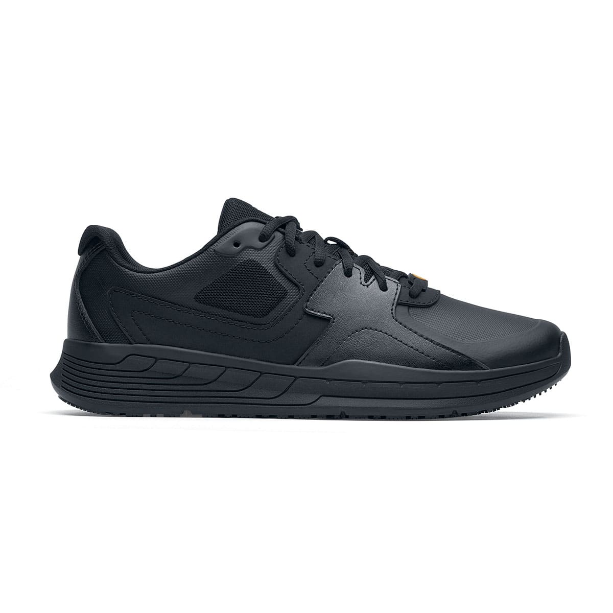 The Shoes for Crews Condor II Unisex Black trainers feature a slip-resistant outsole and an easy-to-clean, breathable fabric upper with SpillGuard protection, seen from the right.
