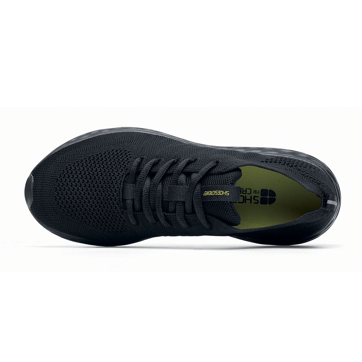 The Everlight™ Everlight Eco Women's Black from Shoes For Crews are lightweight and breathable slip-resistant trainers made from recycled materials, seen from above.