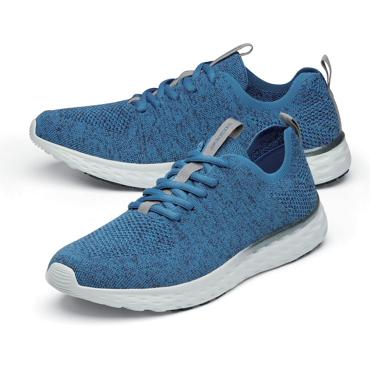 The Everlight Mens Ocean Blue from Shoes For Crews are slip-resistant, breathable, lightweight and easy-to-clean trainers, pair seen from the left side, emphasised on the tip of the left shoe.