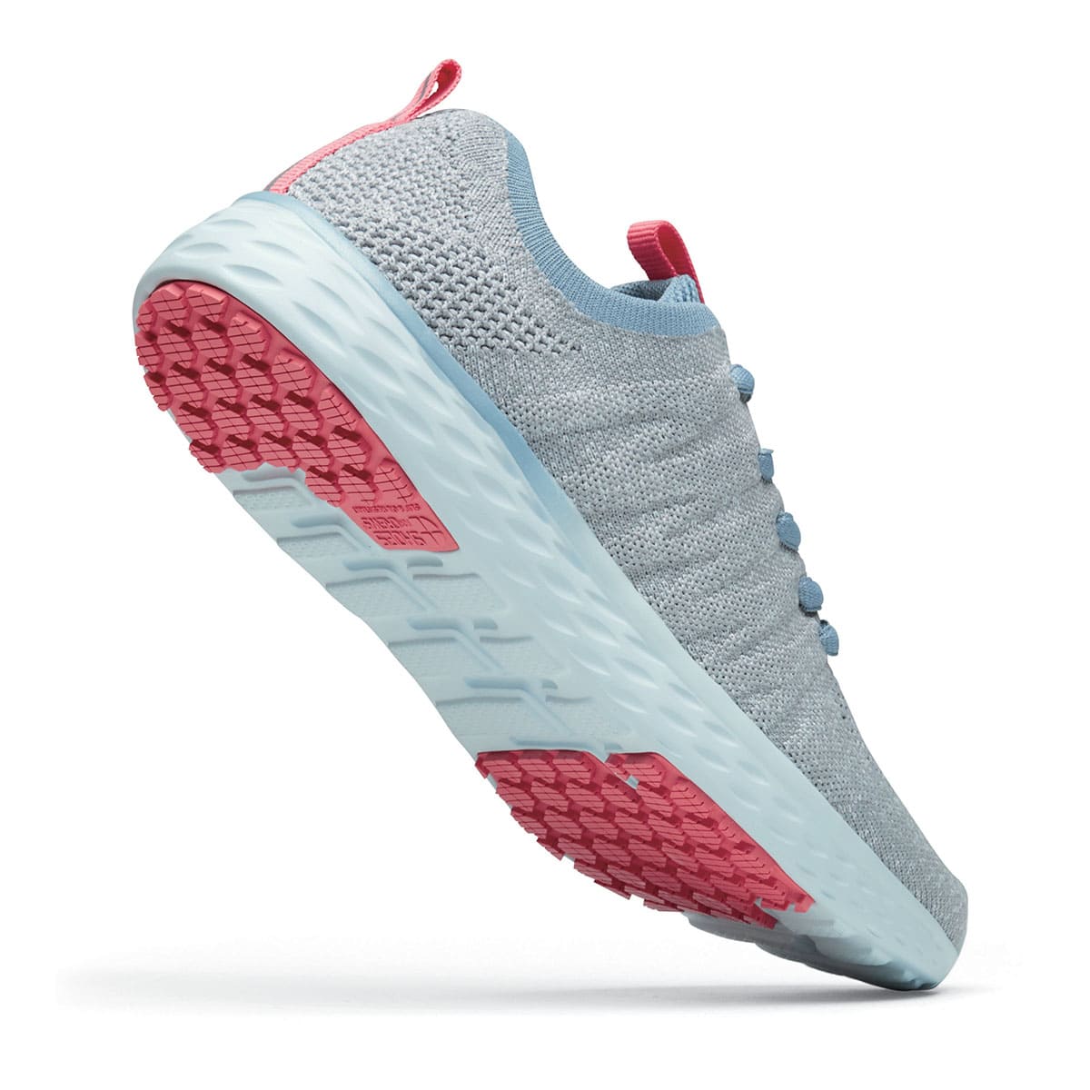 The Everlight Womens Gray/Blue/Coral from Shoes For Crews are slip-resistant trainers constructed with a breathable, water-resistant mesh upper, seen from the perpendicular.