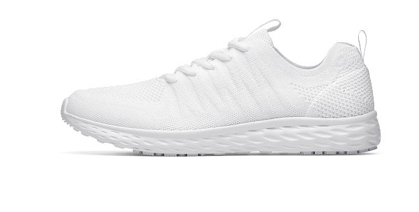 The Everlight Ce Womens White from Shoes For Crews are slip-resistant trainers with TripGuard technology, removable cushioned insoles and are also breathable, seen from the left.