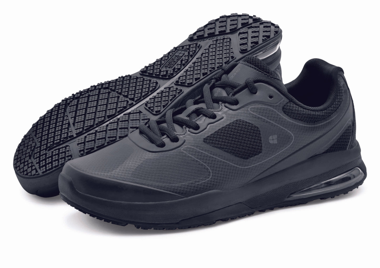 The Evolution II Black from Shoes For Crews are slip-resistant and water-resistant trainers, seen from the right side and the sole.