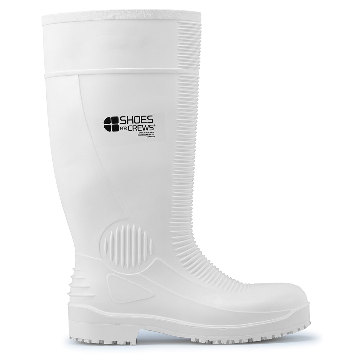 The Guardian White from Shoes For Crews are waterproof Wellington boots that offer superior slip resistance on a variety of pavement surfaces,  seen from the right.