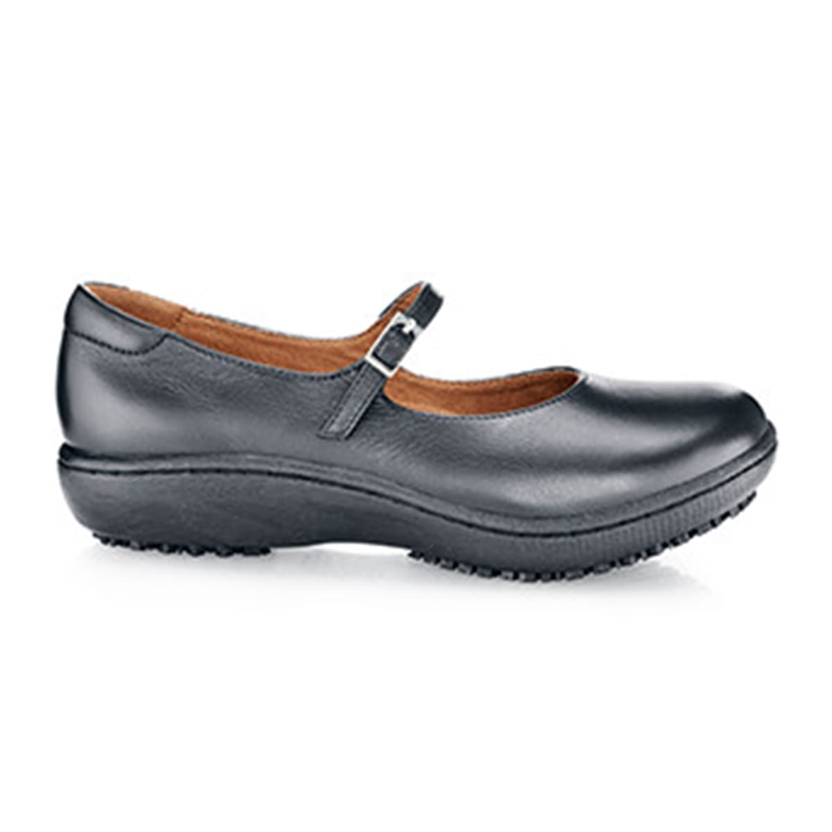 The Mary Jane II from Shoes For Crews are slip-resistant dress shoes designed to provide comfort throughout the day, seen from the right.