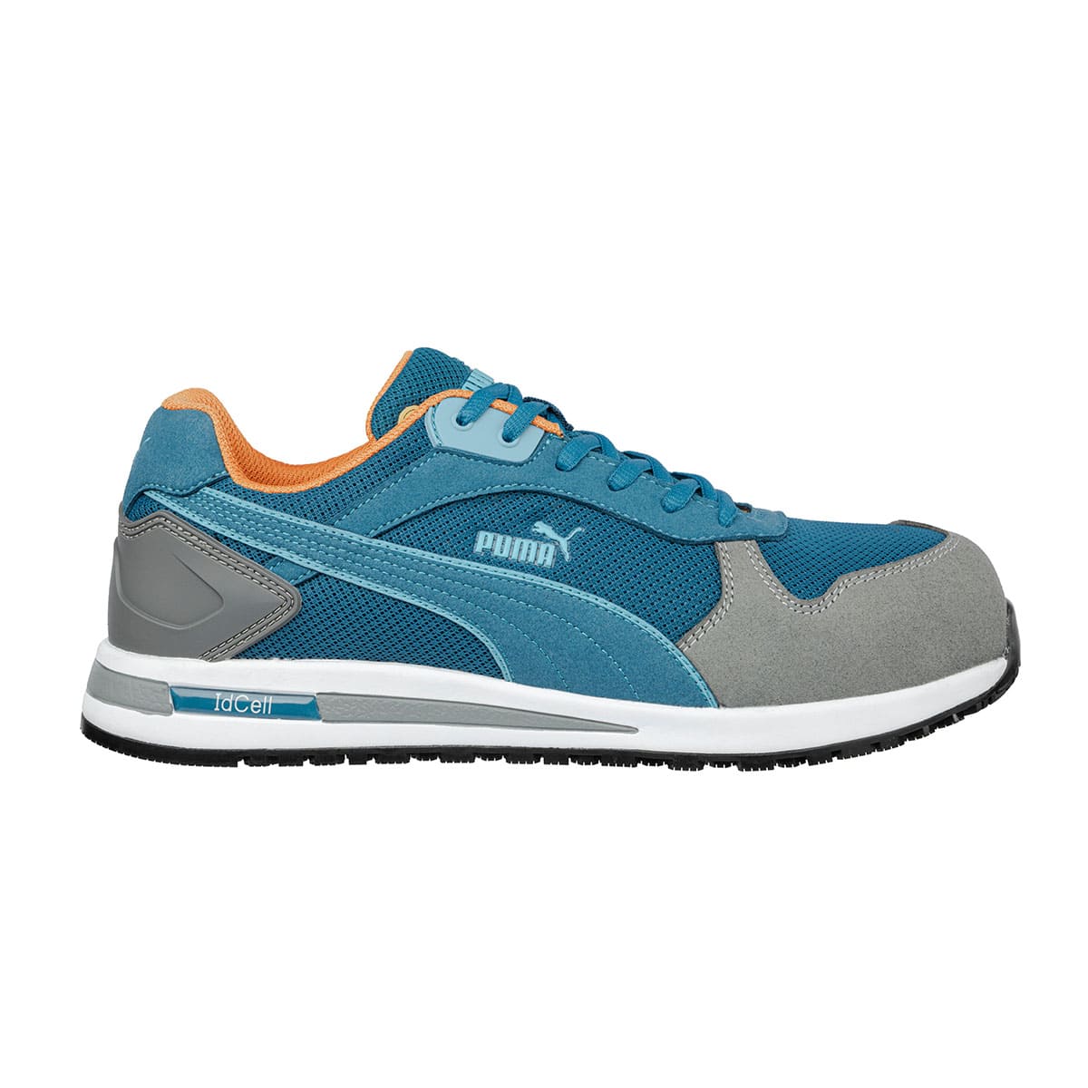 The Frontside Blue Low from Puma Safety X Shoes For Crews are slip-resistant safety shoes with a clog-resistant outsole and composite-fiberglass toe cap, seen from the right.