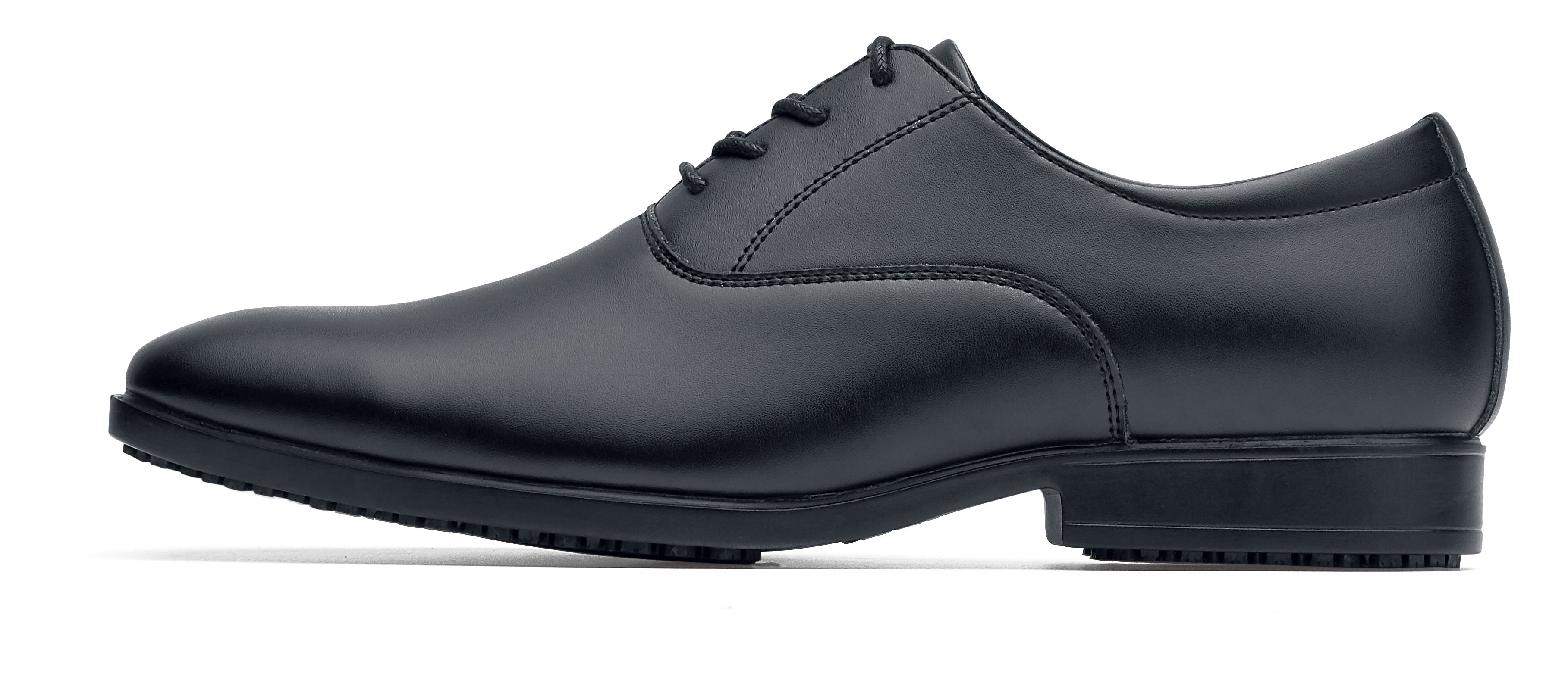 Slip resistant black formal shoe with Water Resistant Leather Upper, left side view.