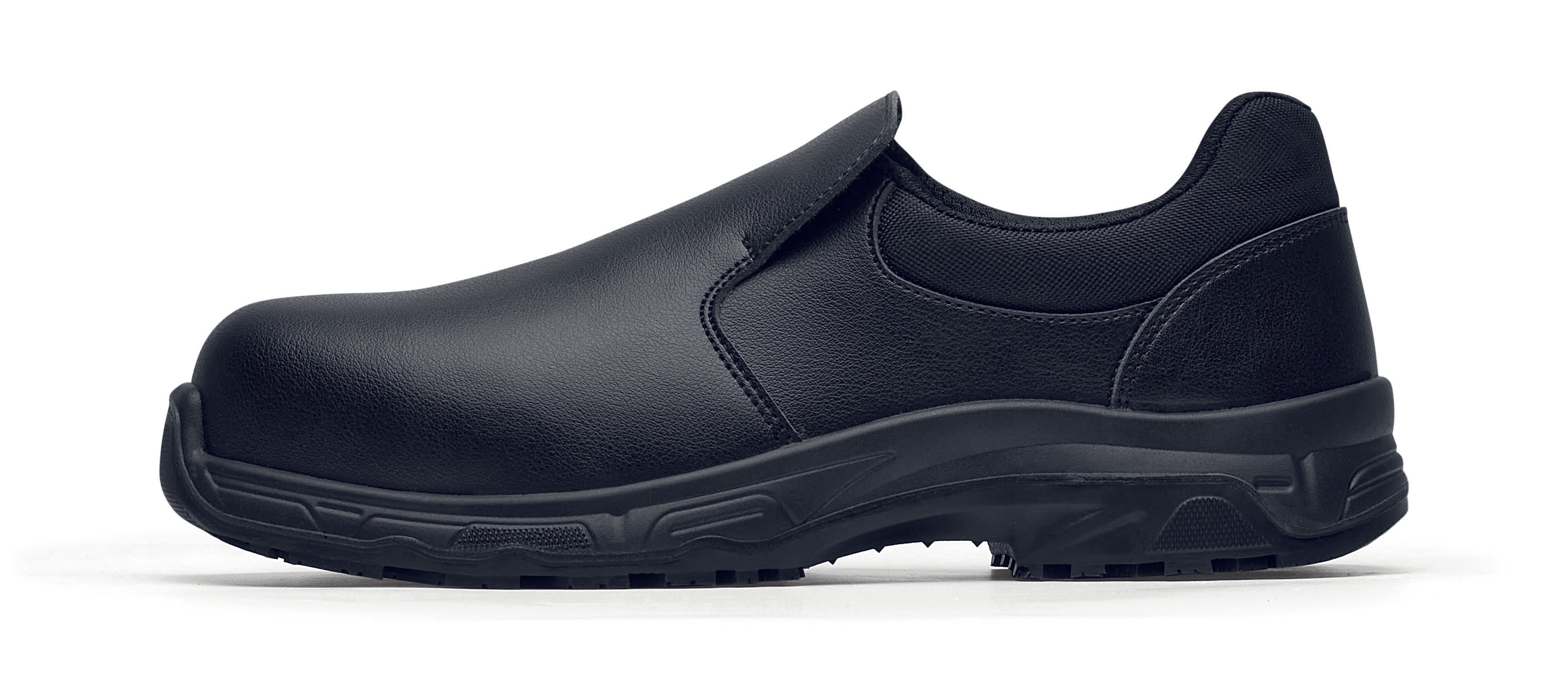 The Catania Black from Shoes For Crews, made in Italy, is a slip-resistant shoe with a composite safety toe cap and a puncture-resistant midsole, seen from the left.