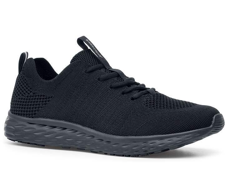 The Everlight Mens Black from Shoes For Crews are breathable slip-resistant trainers which are lightweight and easy to clean, seen from the right profile.