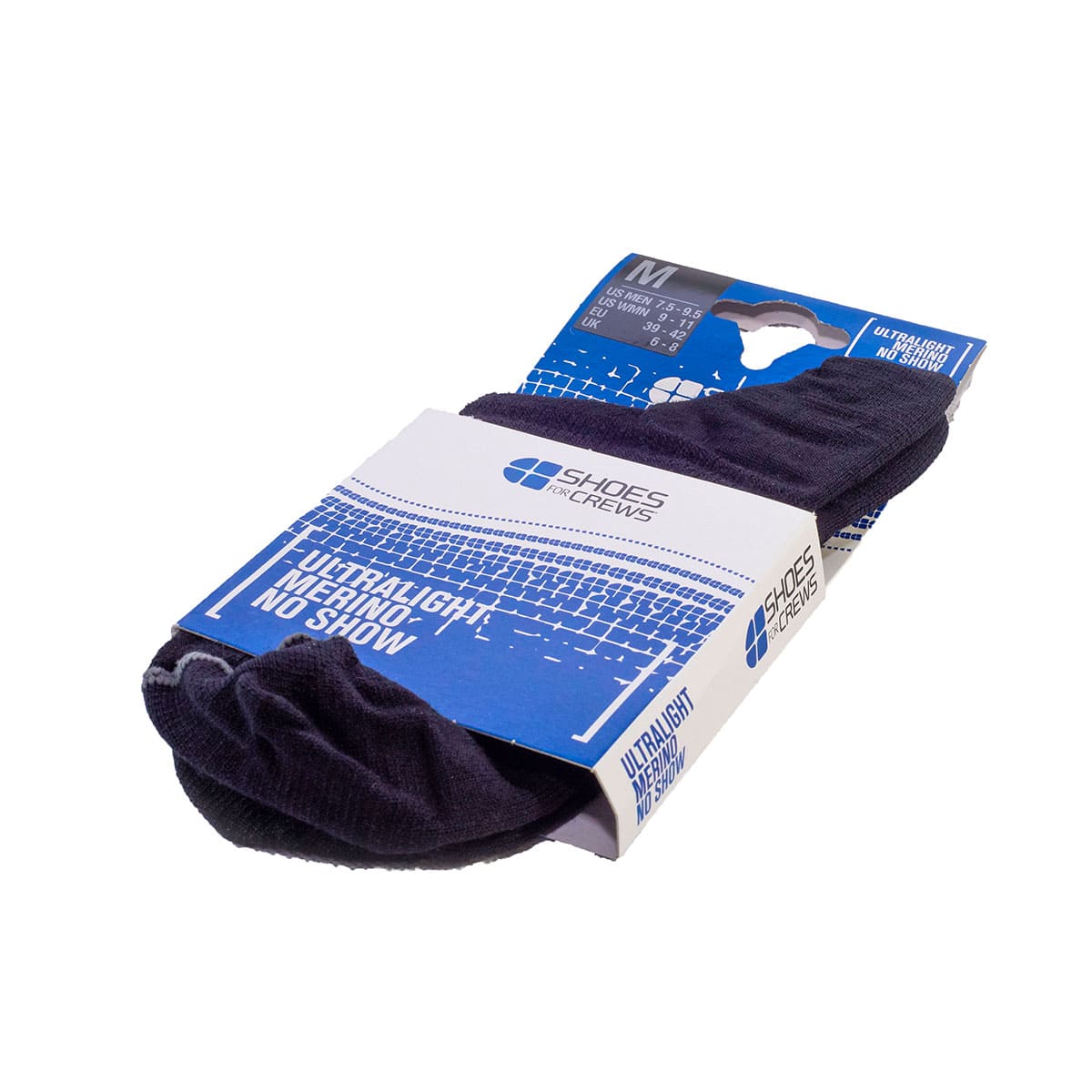 The No Show Merino Sock from Shoes For Crews offers the perfect combination of comfort, functionality and style, image of the packaging.
