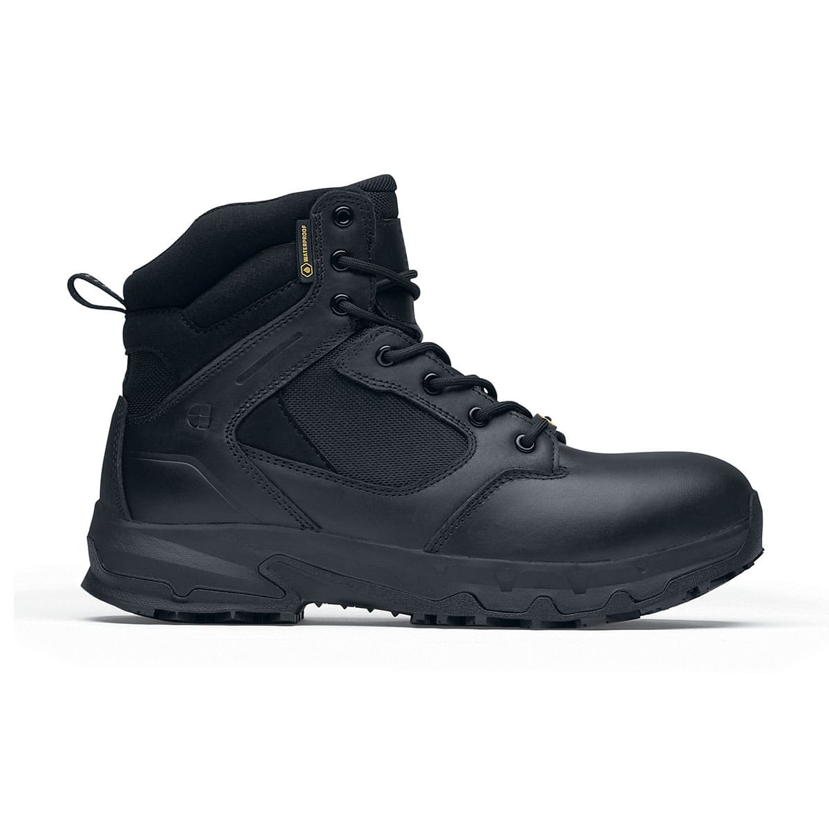 The Defence Mid from Shoes For Crews are waterproof, slip-resistant safety boots, seen from the right.
