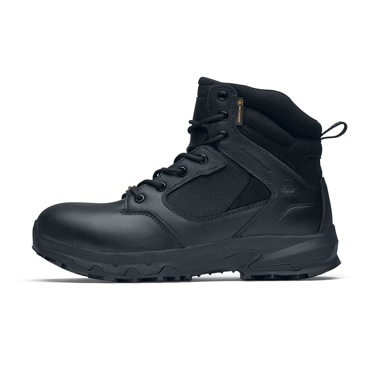 The Defence Mid from Shoes For Crews are waterproof, slip-resistant safety boots, seen from the left.