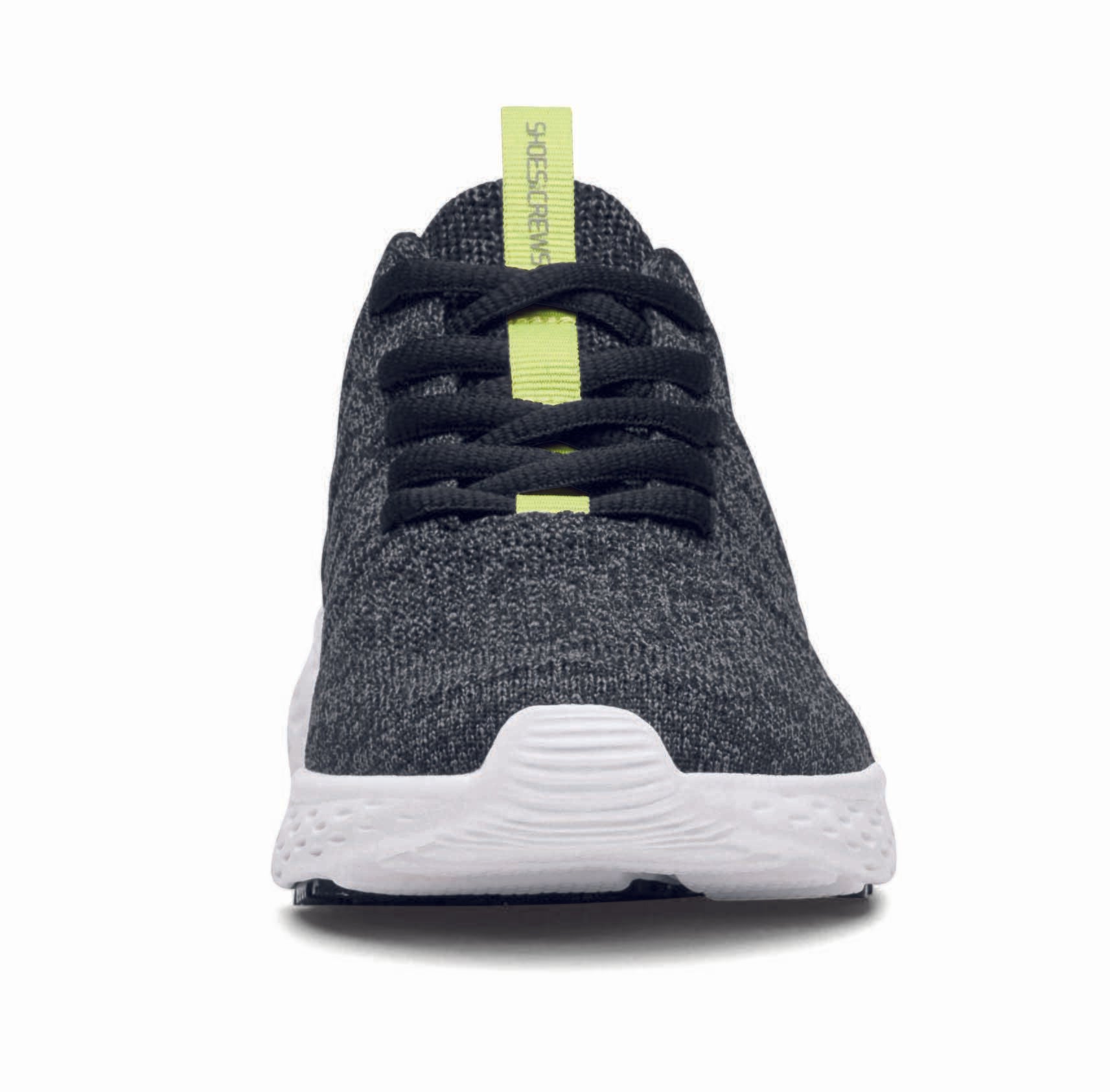 The Everlight™ ECO Mens Black/Grey from Shoes For Crews are slip-resistant, breathable, lightweight trainers made from recycled materials, seen from the front.