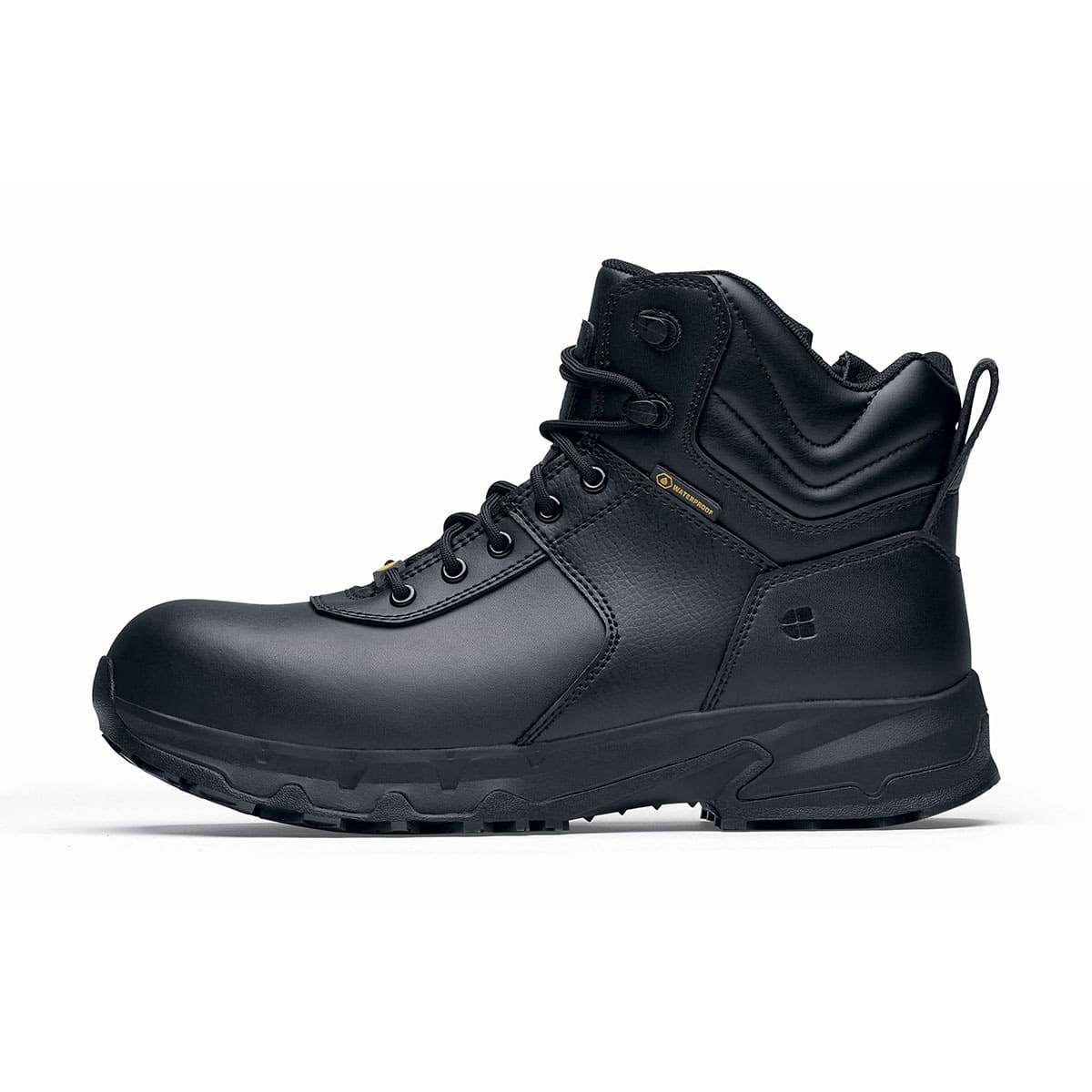 The Guard Mid from Shoes For Crews are waterproof slip-resistant safety boots with a safety toe cap, seen from the left.