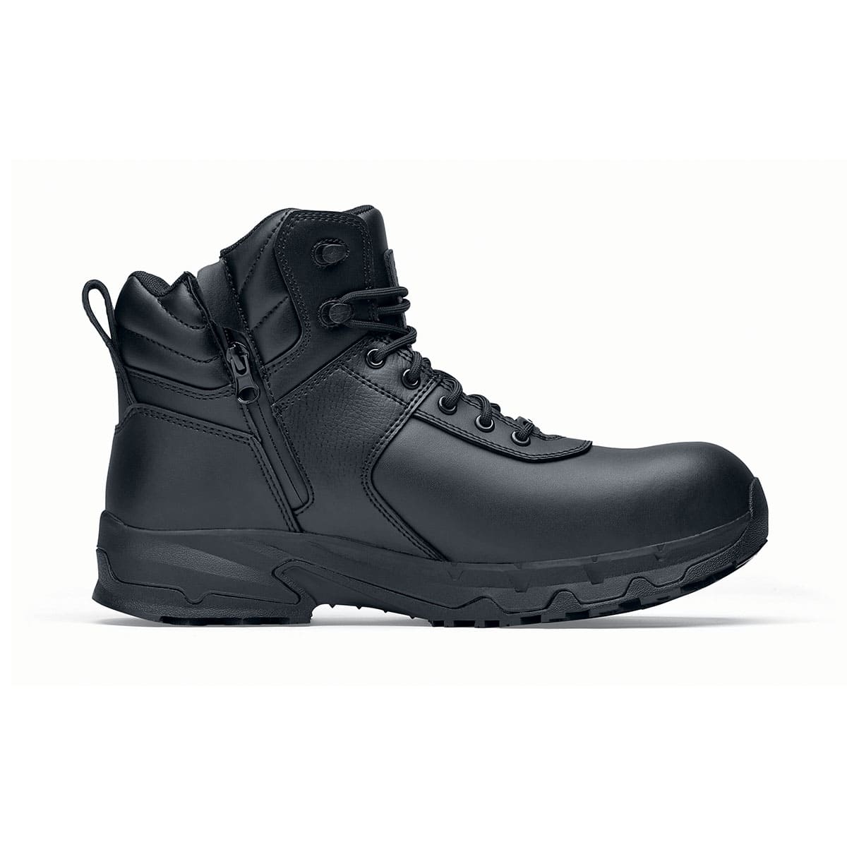 The Guard Mid from Shoes For Crews are waterproof slip-resistant safety boots with a safety toe cap, seen from the right.