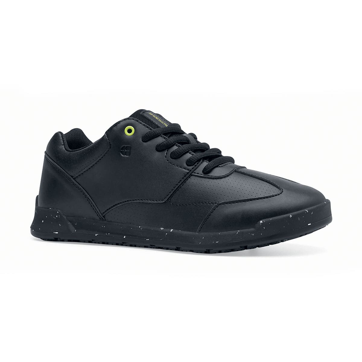 The Liberty Eco from Shoes For Crews are sustainable, slip-resistant trainers that provide comfort and safety throughout the day, seen from the right profile.