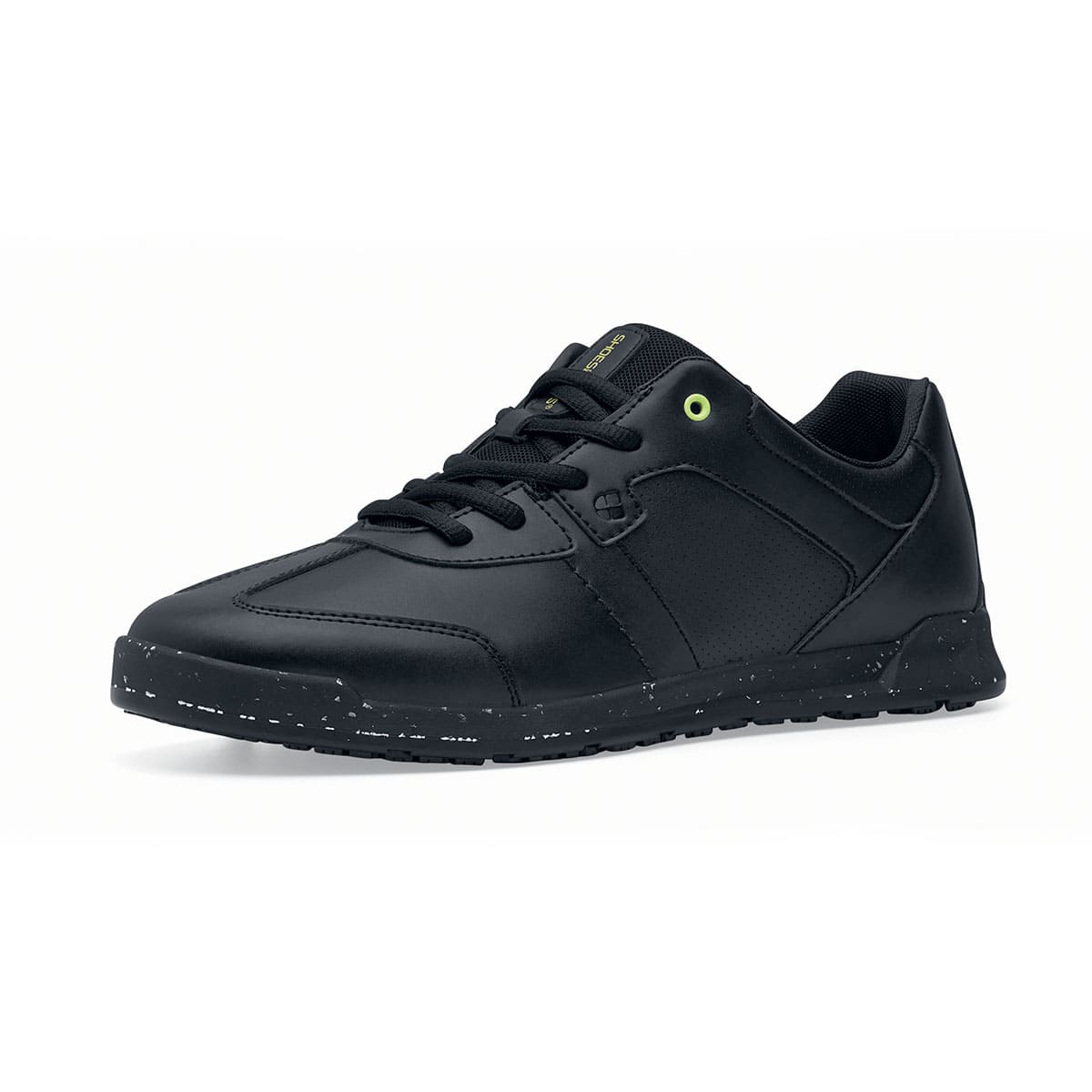 The Liberty Eco from Shoes For Crews are sustainable, slip-resistant trainers that provide comfort and safety throughout the day, seen from the left profile.