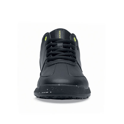 The Liberty Eco from Shoes For Crews are sustainable, slip-resistant trainers that provide comfort and safety throughout the day, seen from front.