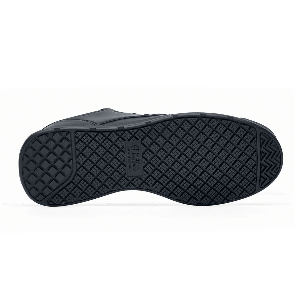 The Liberty Eco from Shoes For Crews are sustainable, slip-resistant trainers that provide comfort and safety throughout the day, seen from below.