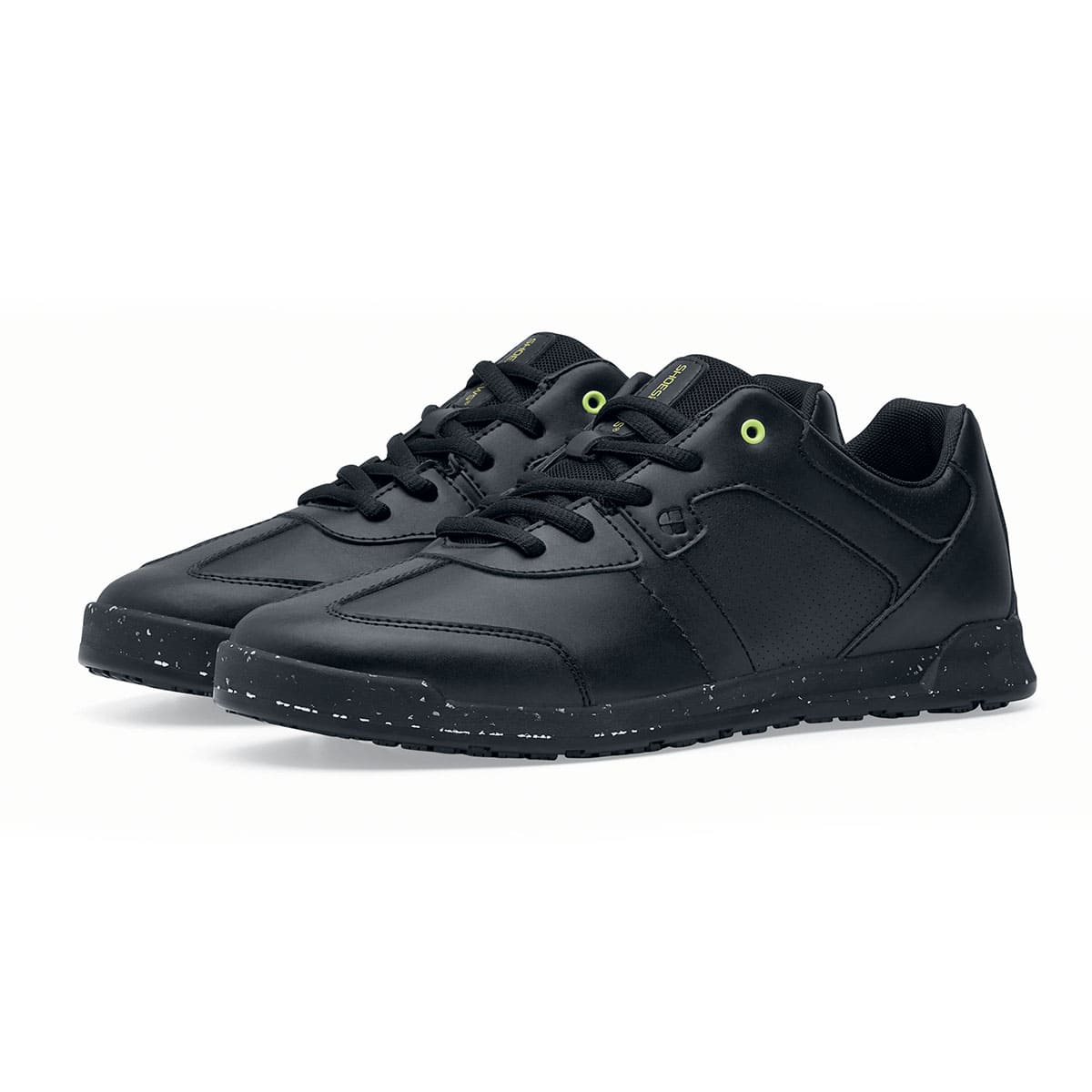 The Liberty Eco from Shoes For Crews are sustainable, slip-resistant trainers that provide comfort and safety throughout the day, pair seen in profile on the left.