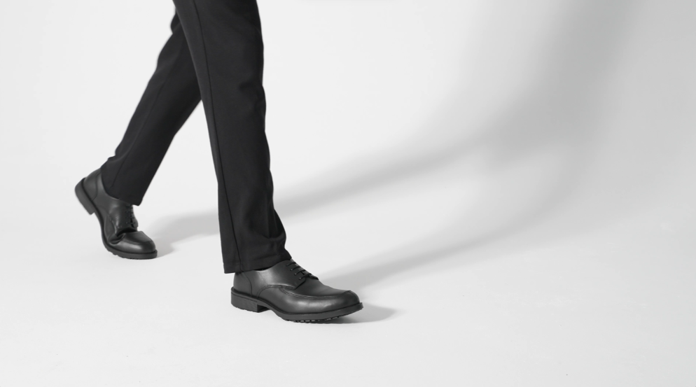 Slip resistant black formal shoe with waterproof leather upper and a removable, cushioned insole, product video.