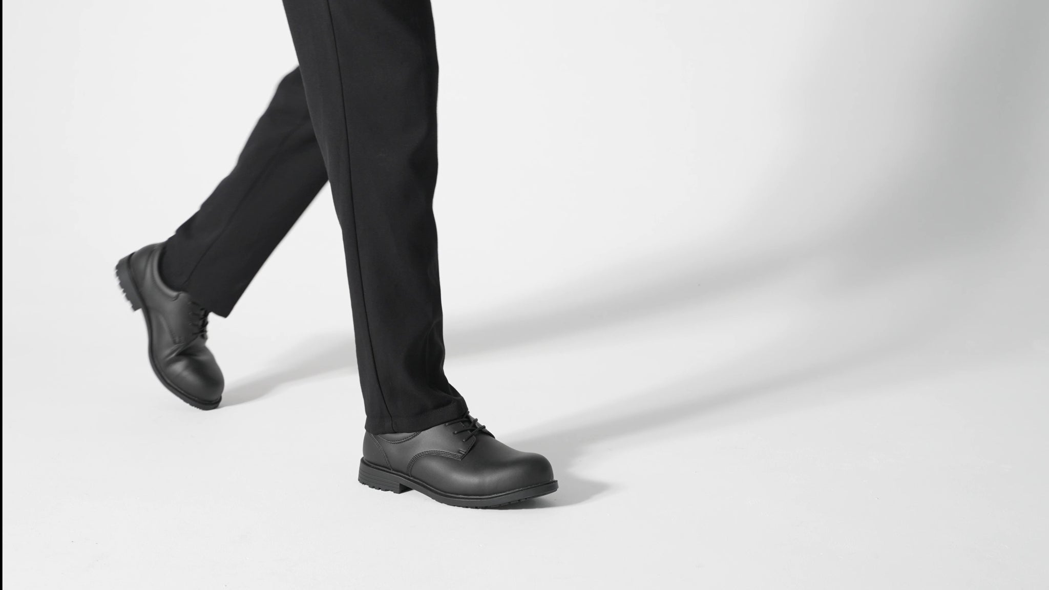 The Shoes for Crews Cambridge ST II  is an slip-resistant vegan leather dress shoe with steel toe (200 joules),  product video.