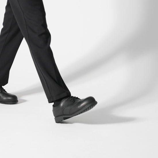 The Executive Wing Tip II ST from Shoes For Crews are formal slip-resistant safety shoes, made of leather and with a steel toe, product video.