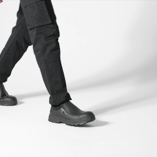 The Brandon Black slip-on shoe has a slip-resistant sole, a waterproof microfibre upper and a nanocomposite toecap (joules), product video.